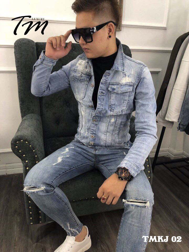 Áo khoác jean nam Hàn Quốc phối quần jean xanh cực chất