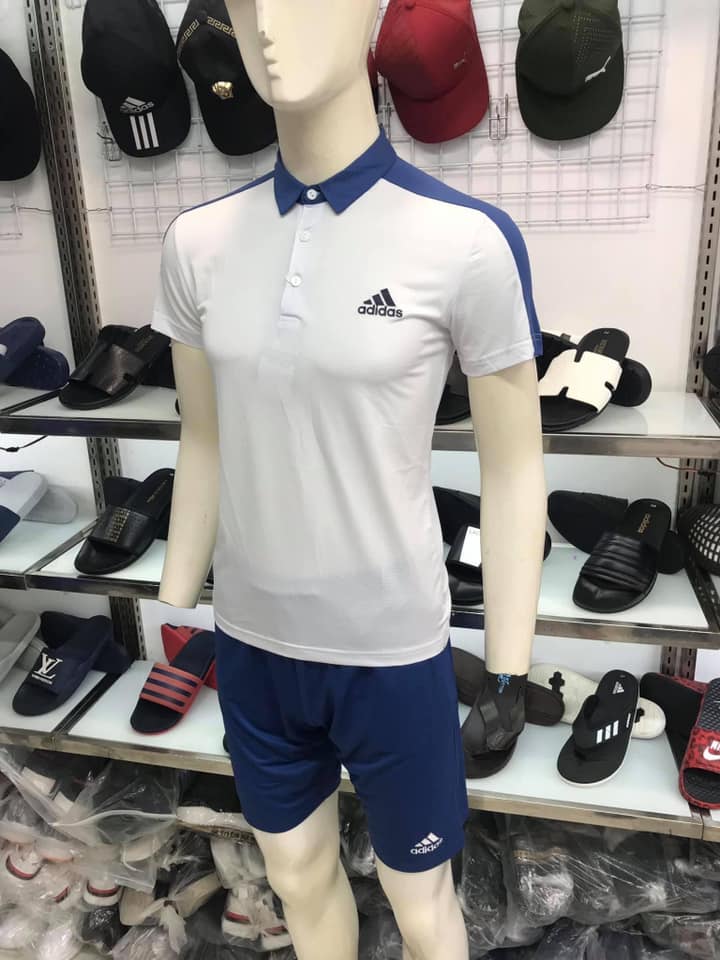 Áo thun polo Adidas có cổ màu xanh trắng